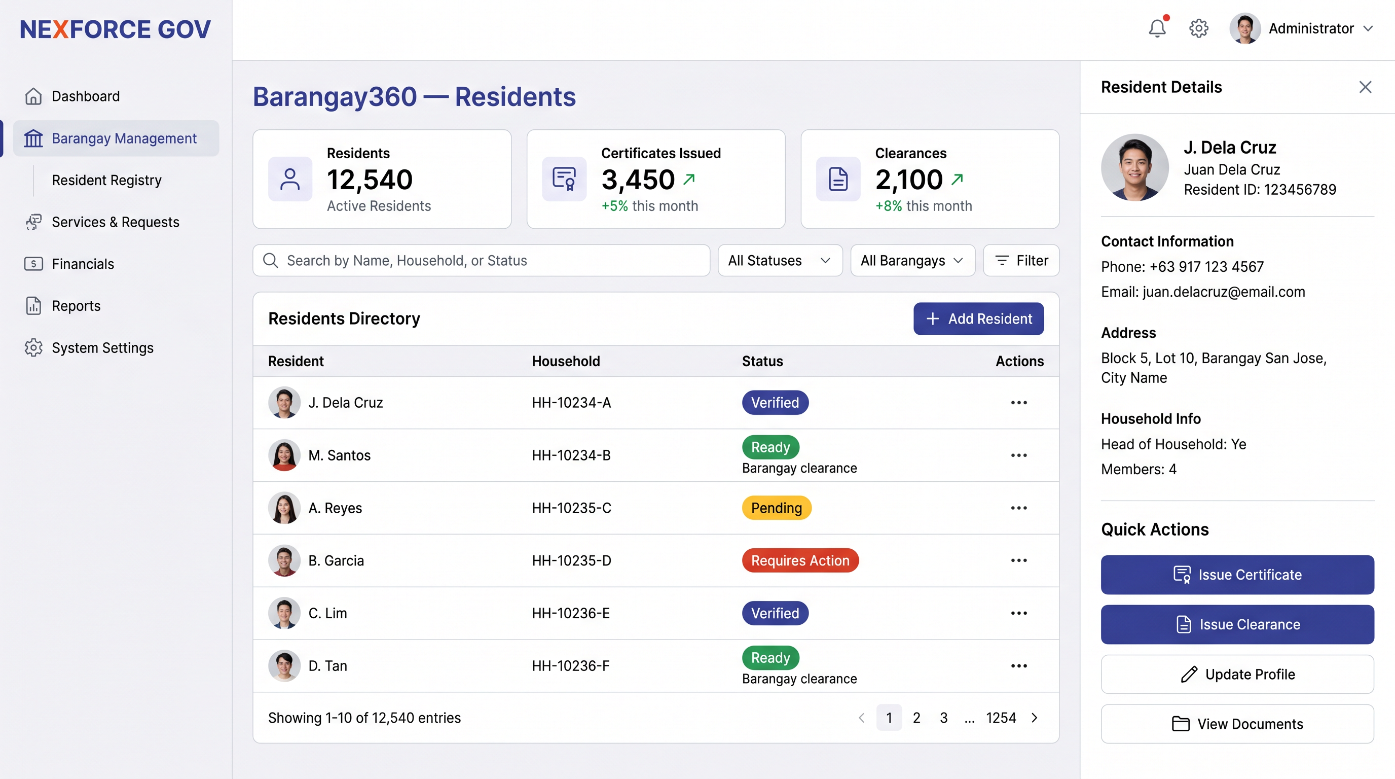 Barangay360 residents screen — resident directory with household data, statuses, and certificate and clearance actions