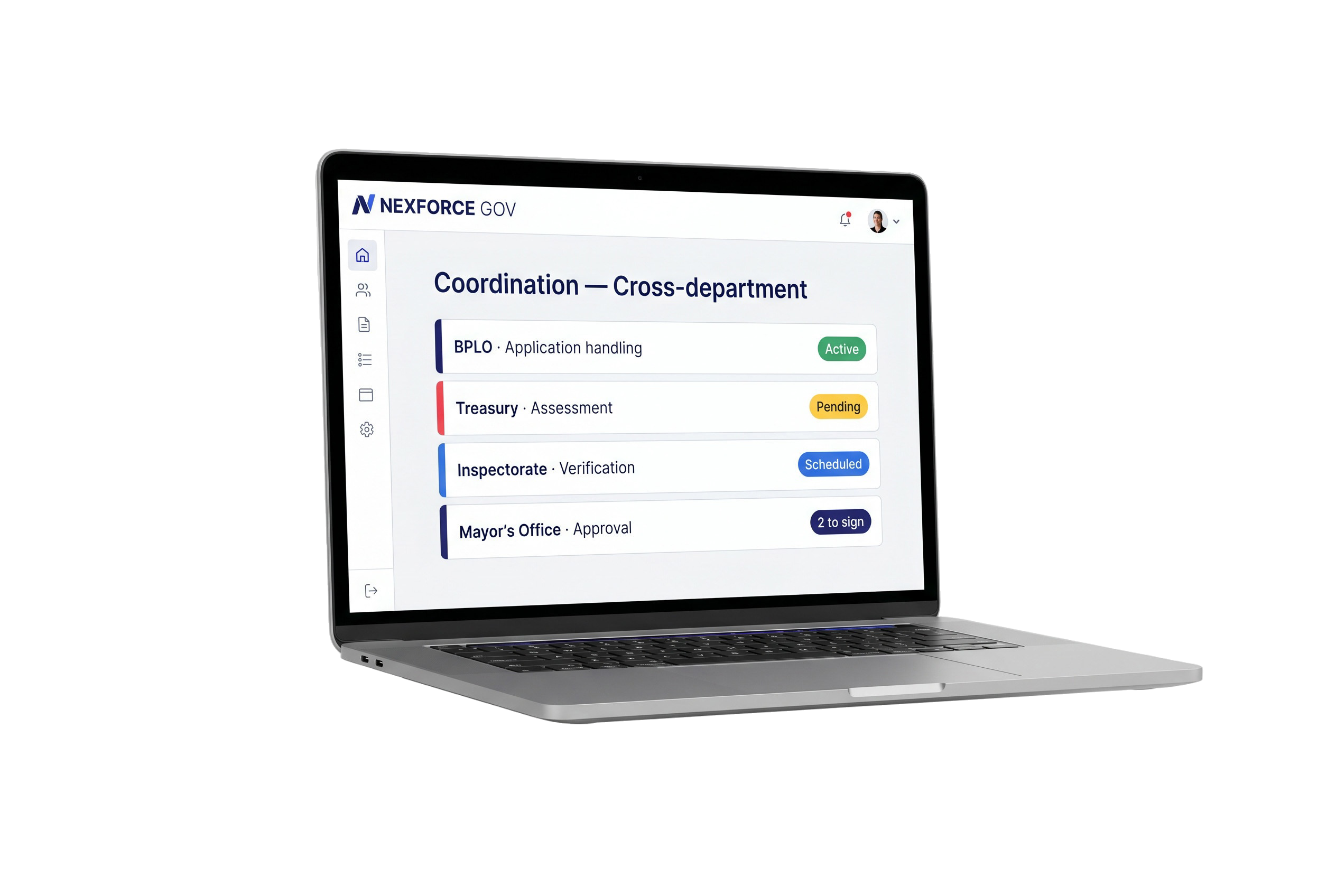 NEXGov cross-department coordination view on a laptop — BPLO, Treasury, Inspectorate and Mayor's Office tasks with live status