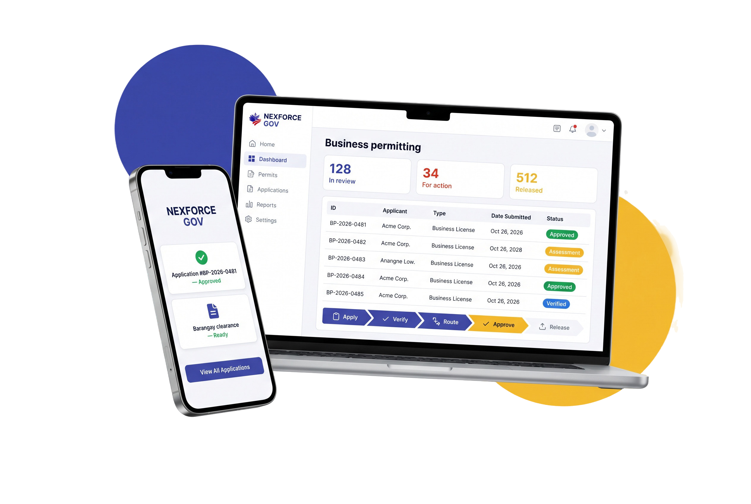 NEXGov government operations platform shown on a laptop and phone — business permitting dashboard with application tracking and approval workflow