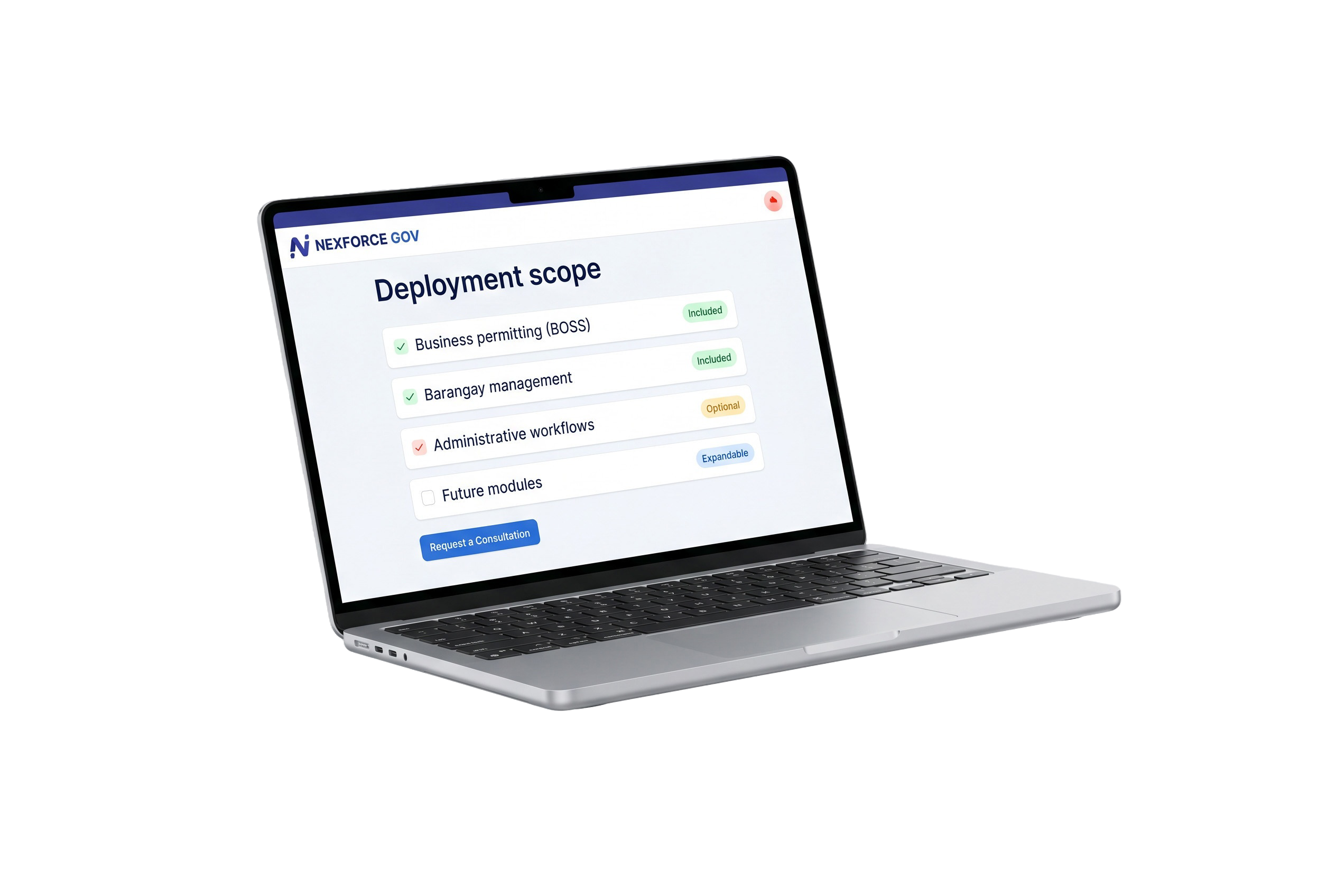 NEXGov deployment scope on a laptop — BOSS and Barangay management included, administrative workflows optional, future modules expandable